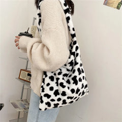 Plush Cow Print Crossbody Purse Lightweight Travel Satchel