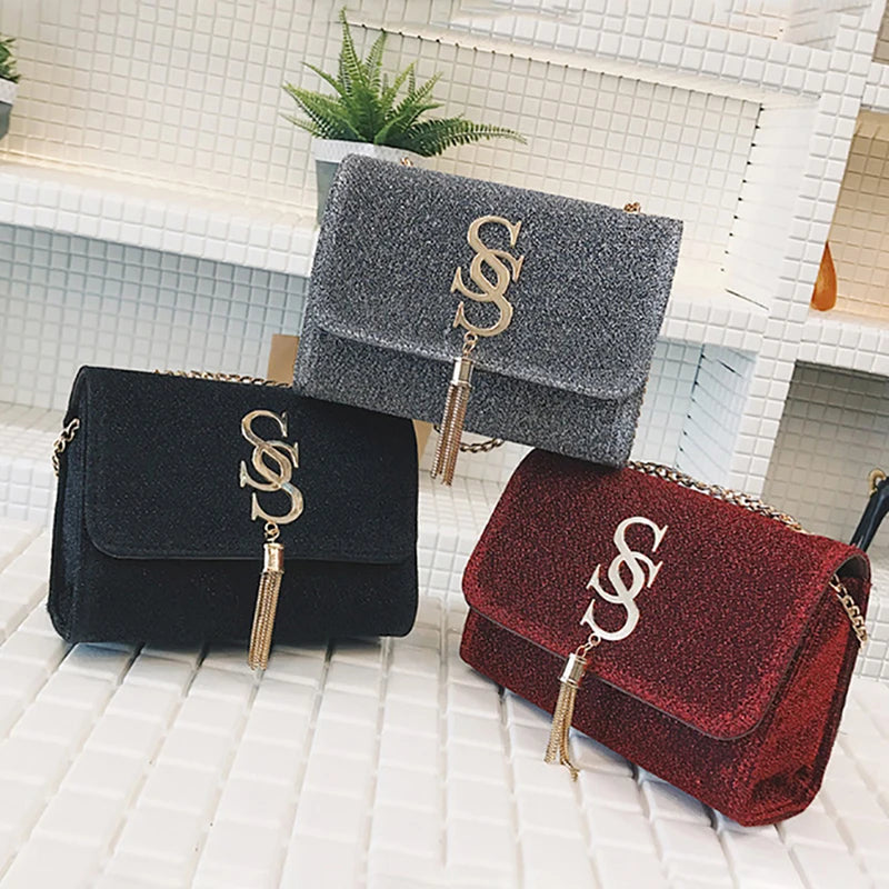 Women Glitter Envelope Clutch Bag Sparkling Party Evening Tassel Chain Crossbody