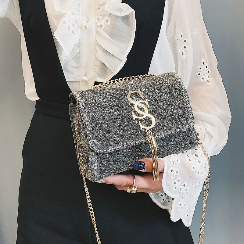 Women Glitter Envelope Clutch Bag Sparkling Party Evening Tassel Chain Crossbody
