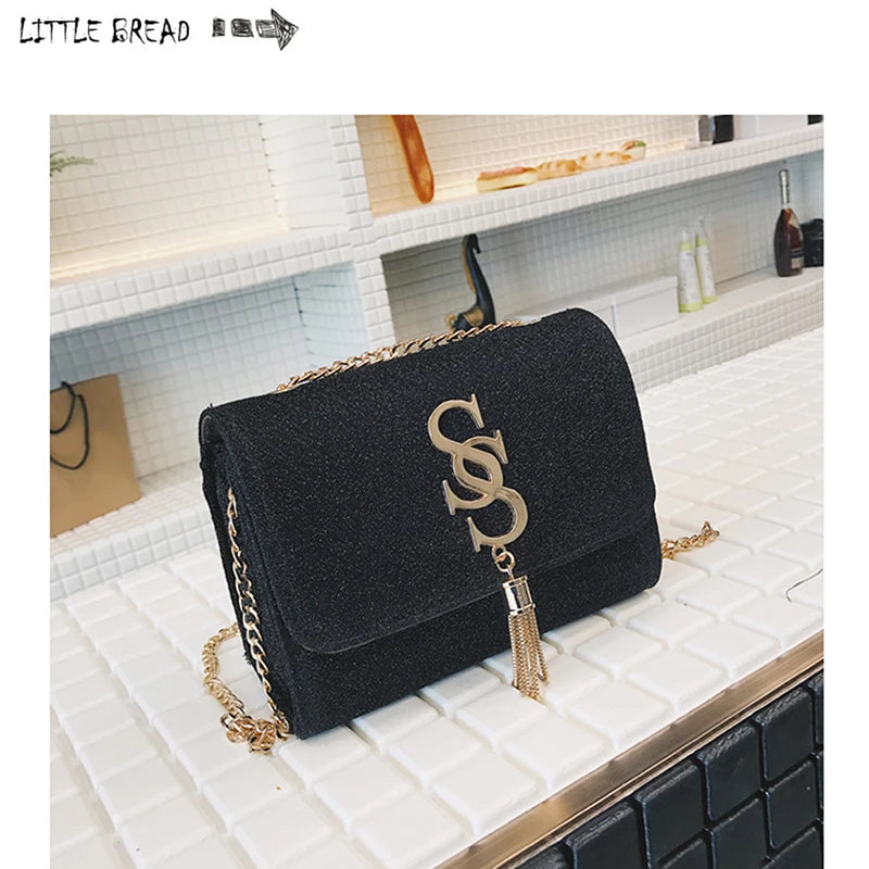 Women Glitter Envelope Clutch Bag Sparkling Party Evening Tassel Chain Crossbody