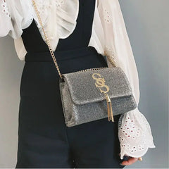 Women Glitter Envelope Clutch Bag Sparkling Party Evening Tassel Chain Crossbody