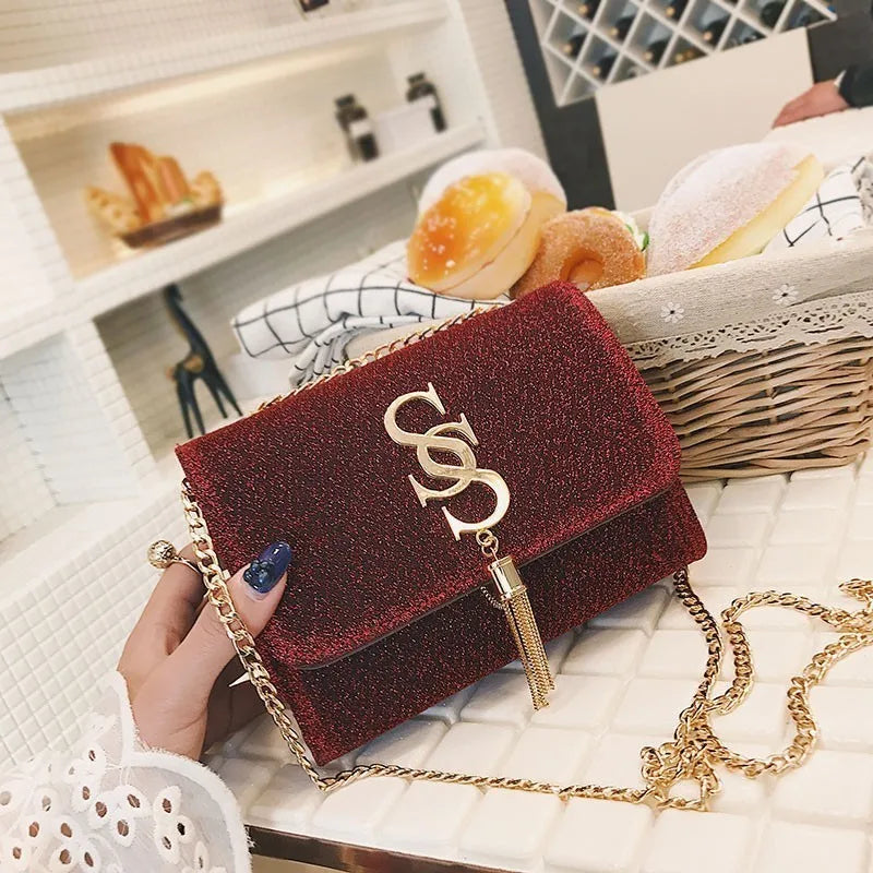 Women Glitter Envelope Clutch Bag Sparkling Party Evening Tassel Chain Crossbody