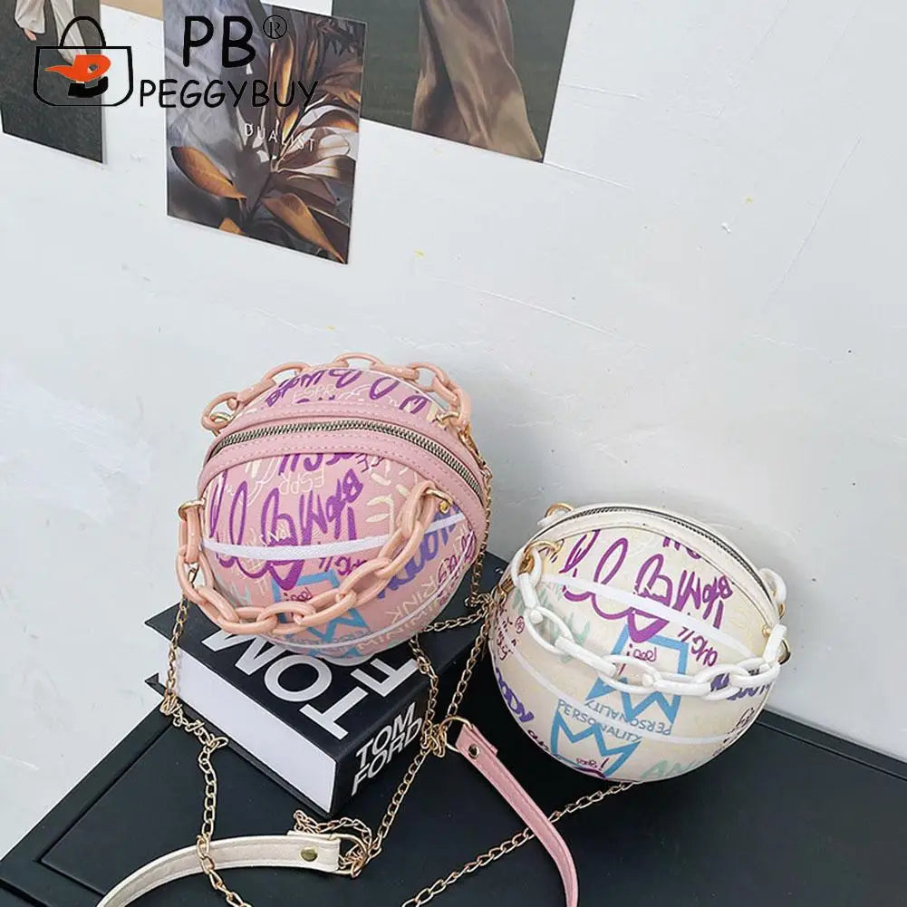 Women Graffiti Chain Shoulder Bags PU Leather Handbags Mini Basketball Bags