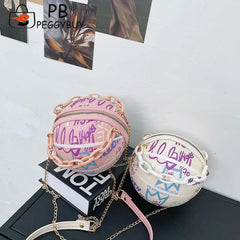 Women Graffiti Chain Shoulder Bags PU Leather Handbags Mini Basketball Bags