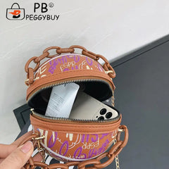 Women Graffiti Chain Shoulder Bags PU Leather Handbags Mini Basketball Bags