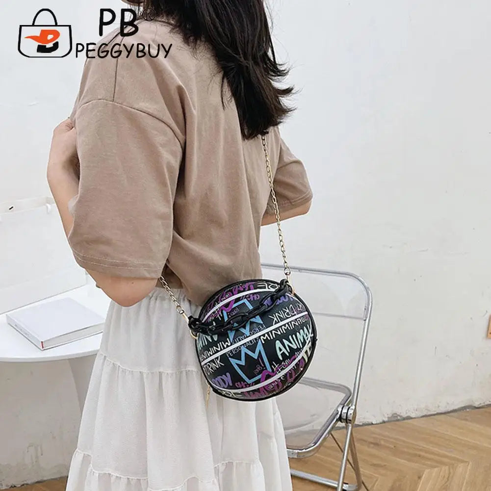 Women Graffiti Chain Shoulder Bags PU Leather Handbags Mini Basketball Bags