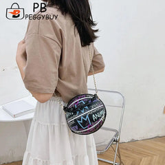 Women Graffiti Chain Shoulder Bags PU Leather Handbags Mini Basketball Bags