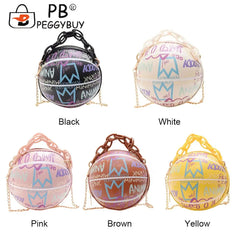 Women Graffiti Chain Shoulder Bags PU Leather Handbags Mini Basketball Bags