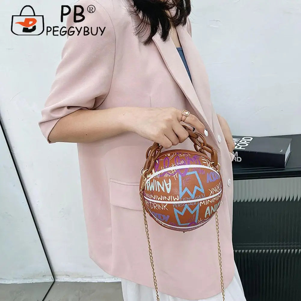 Women Graffiti Chain Shoulder Bags PU Leather Handbags Mini Basketball Bags