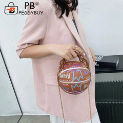 Women Graffiti Chain Shoulder Bags PU Leather Handbags Mini Basketball Bags