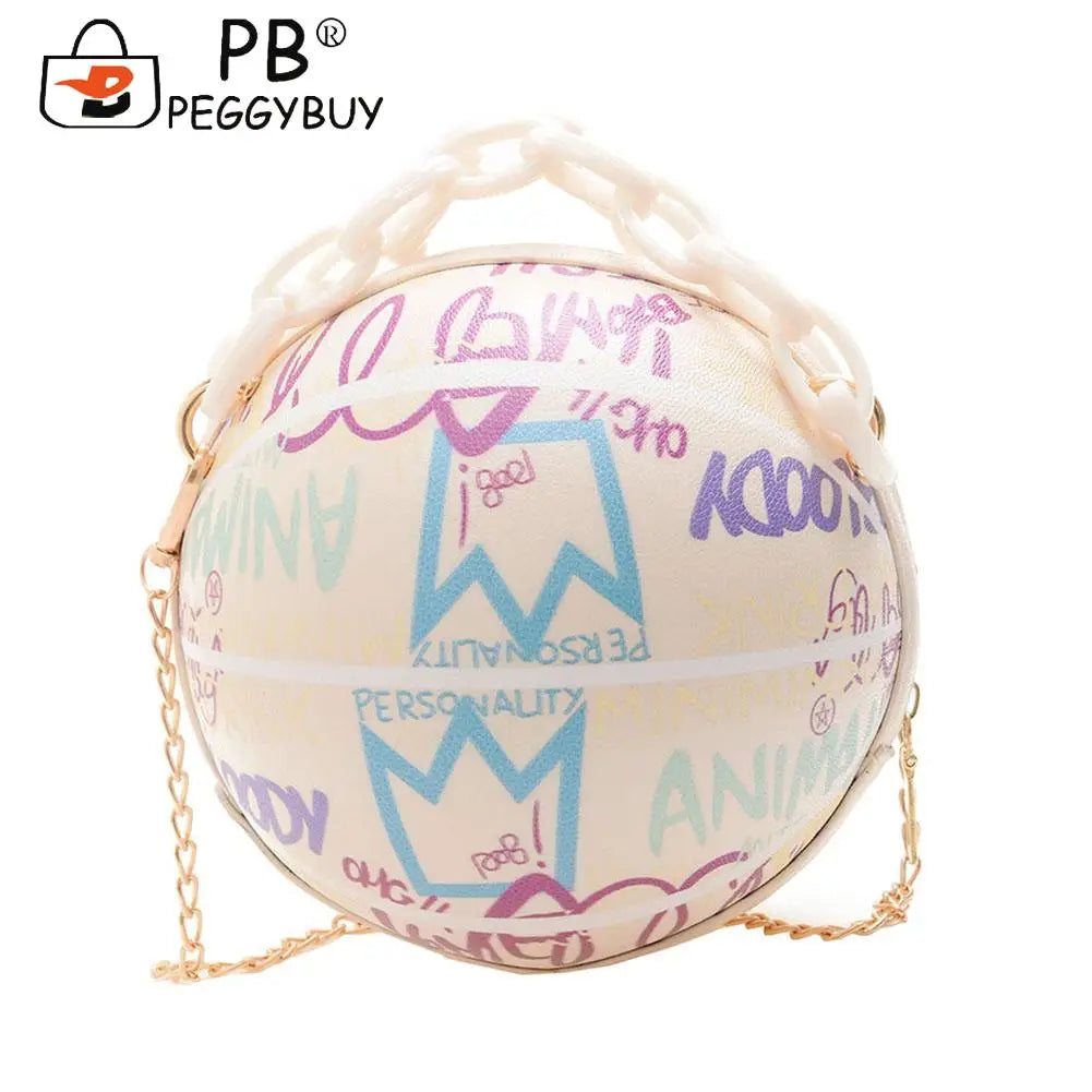 Women Graffiti Chain Shoulder Bags PU Leather Handbags Mini Basketball Bags