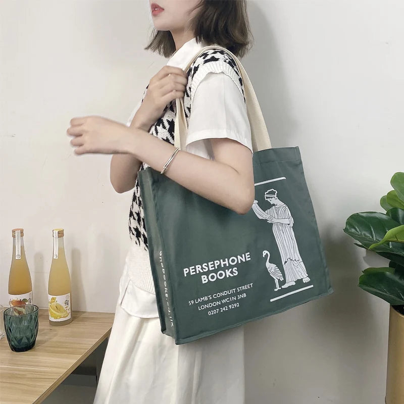 Women Gray Canvas Shoulder Bag Persephone Print Large Tote For Girls
