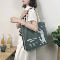 Women Gray Canvas Shoulder Bag Persephone Print Large Tote For Girls