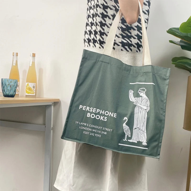 Women Gray Canvas Shoulder Bag Persephone Print Large Tote For Girls