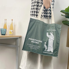 Women Gray Canvas Shoulder Bag Persephone Print Large Tote For Girls
