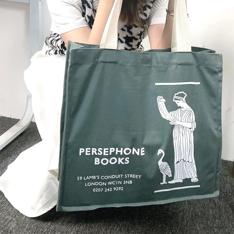 Women Gray Canvas Shoulder Bag Persephone Print Large Tote For Girls