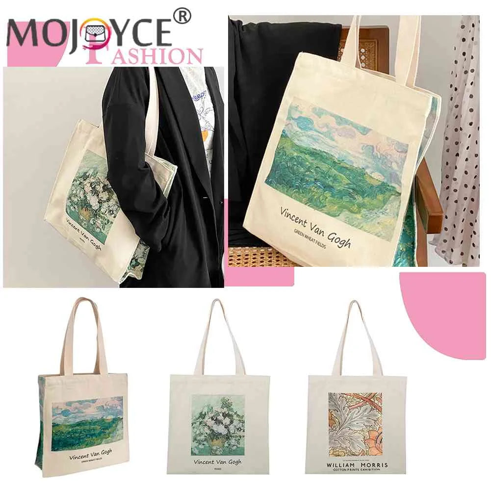Van Gogh Oil Painting Canvas Shoulder Bag Zipper Grocery Shopper