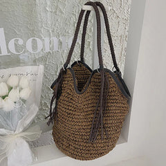 Women Straw Beach Bag Bohemian Tassel Handbag Summer Casual Shoulder