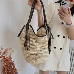Women Straw Beach Bag Bohemian Tassel Handbag Summer Casual Shoulder