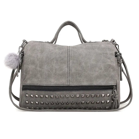 Women Rivets Fur Ball Pendant Handbag Shoulder Bag