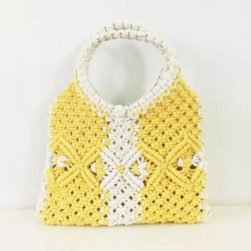 Women Handbag Cotton Rope Woven Bag Portable Small Bag Hollow Out Beach Holiday