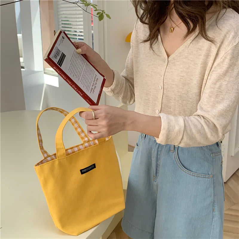 Canvas Grid Bag Female Storage Bucket Eco Tote
