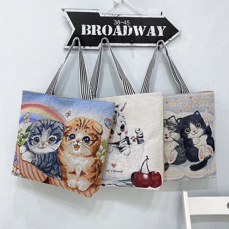 Women Handbag Large Capacity Cat Pattern Embroidered Shoulder Canvas Bag