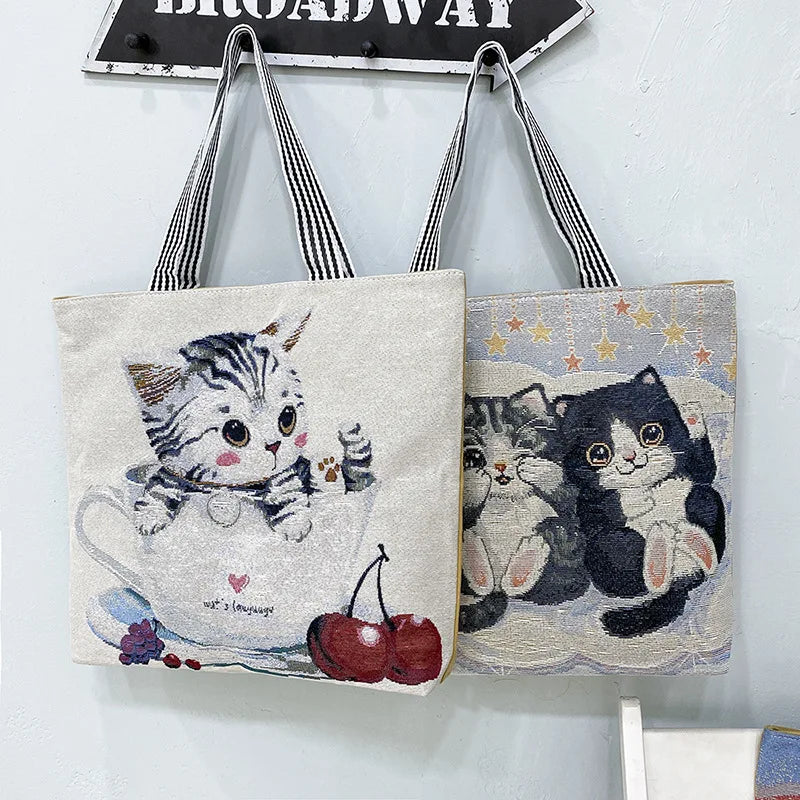 Women Handbag Large Capacity Cat Pattern Embroidered Shoulder Canvas Bag