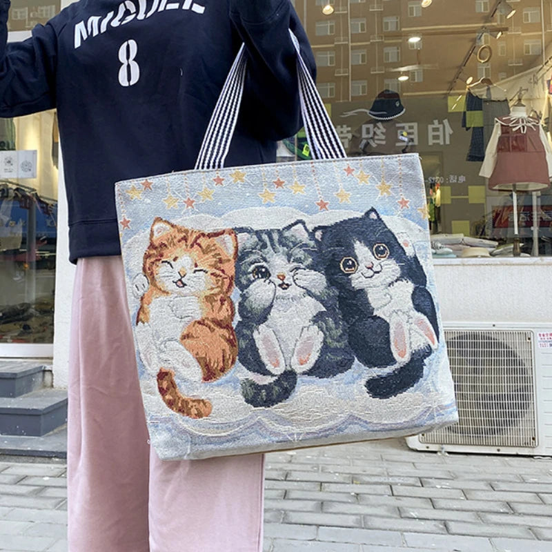 Women Handbag Large Capacity Cat Pattern Embroidered Shoulder Canvas Bag