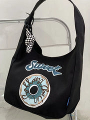 Canvas Shopper Flower Embroidery Shoulder Bag