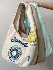 Canvas Shopper Flower Embroidery Shoulder Bag