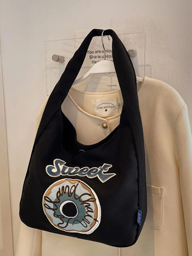 Canvas Shopper Flower Embroidery Shoulder Bag