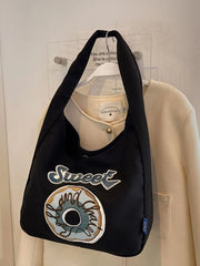Canvas Shopper Flower Embroidery Shoulder Bag