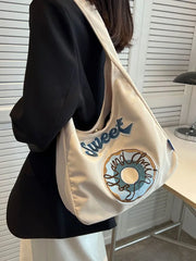 Canvas Shopper Flower Embroidery Shoulder Bag