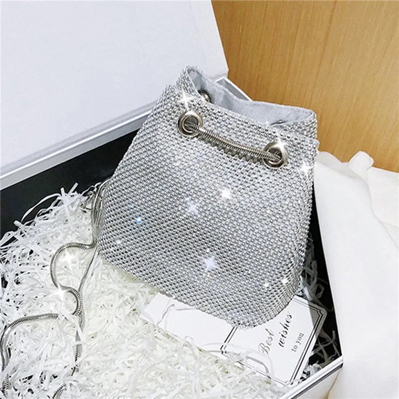 Rhinestone Mini Bucket Bag Shining Crossbody Purse Diamond Women Chain