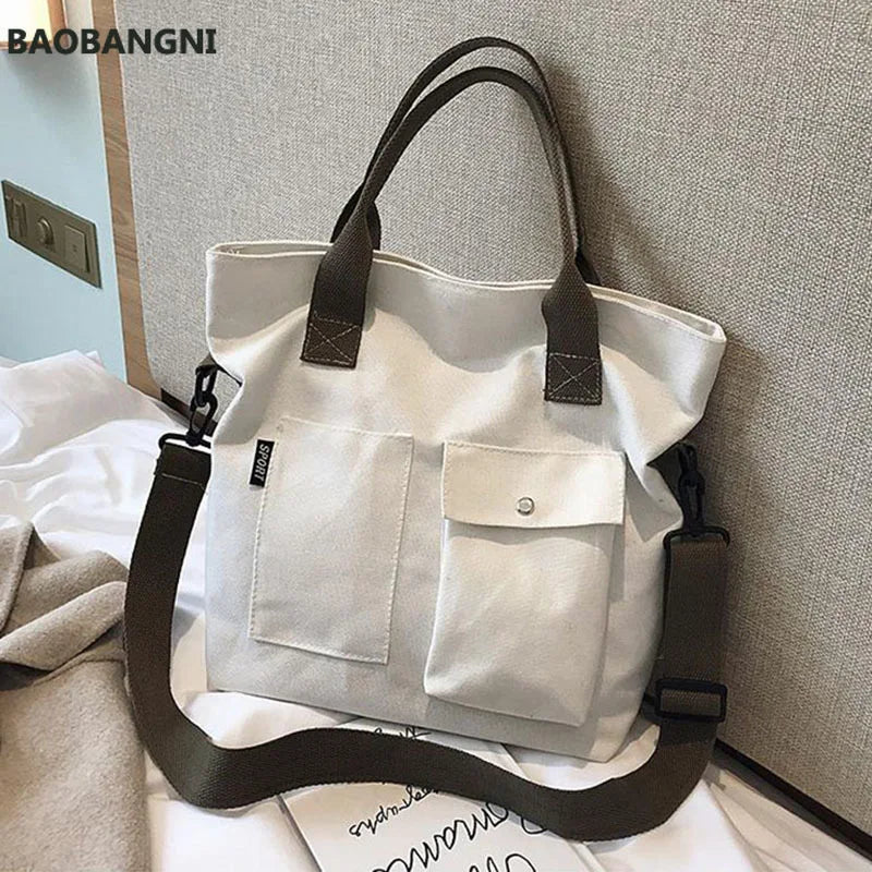 Retro Canvas Tote Shoulder Bag Women Crossbody Large Capacity Solid Bag