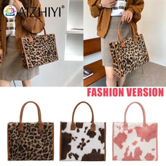 Leopard Print Plush Handbag Set with Square Wallet