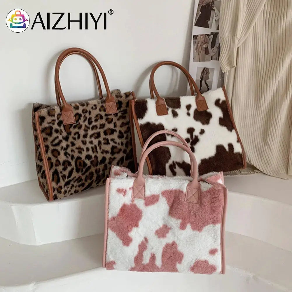 Leopard Print Plush Handbag Set with Square Wallet