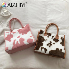 Leopard Print Plush Handbag Set with Square Wallet