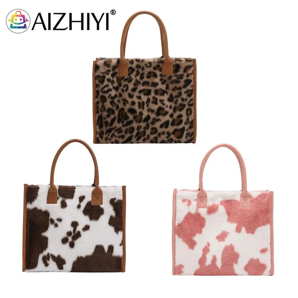 Leopard Print Plush Handbag Set with Square Wallet