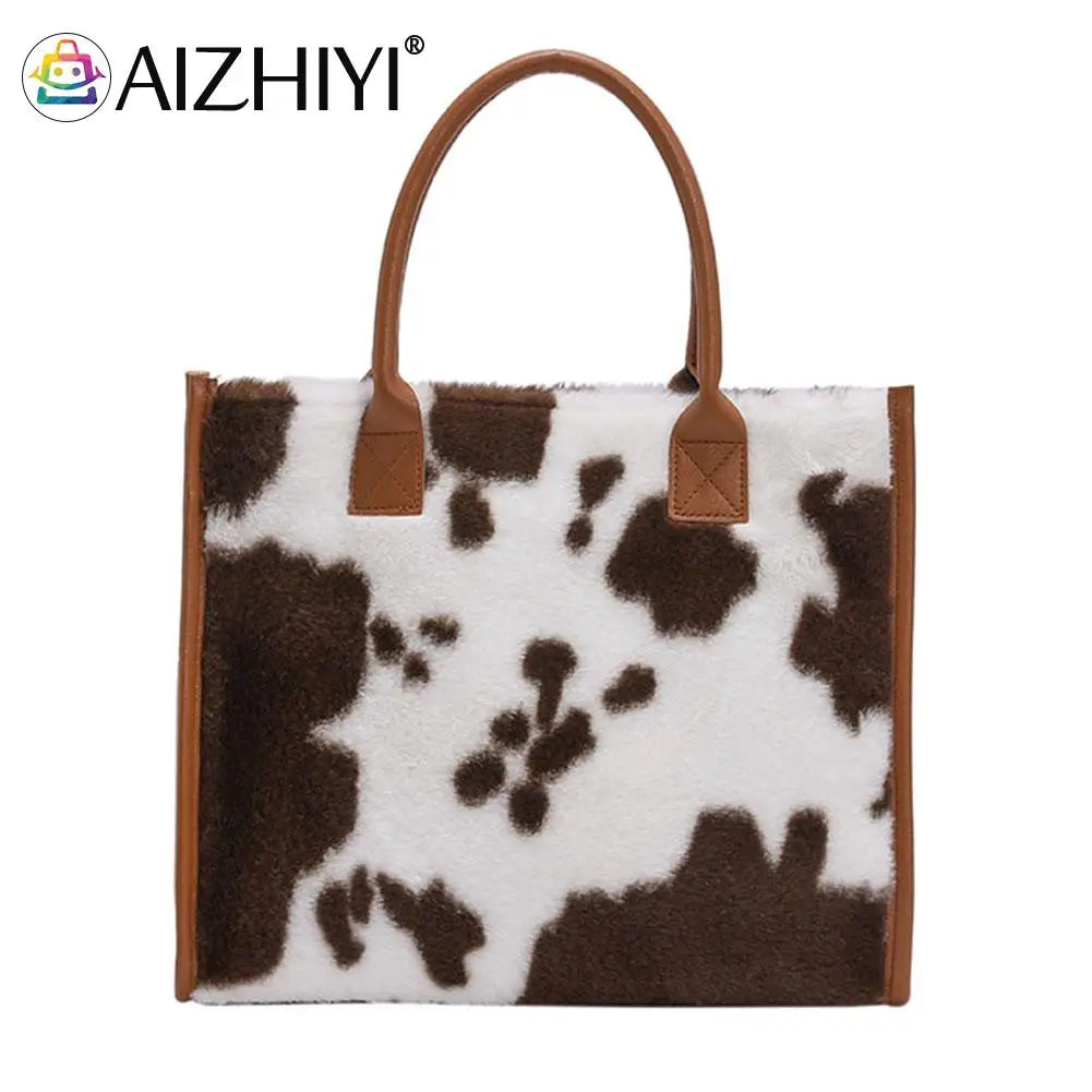 Leopard Print Plush Handbag Set with Square Wallet