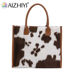 Leopard Print Plush Handbag Set with Square Wallet