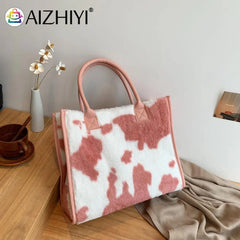 Leopard Print Plush Handbag Set with Square Wallet