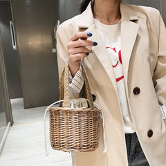 Women Straw Woven Bucket Bag Beach Travel Tote Handbag