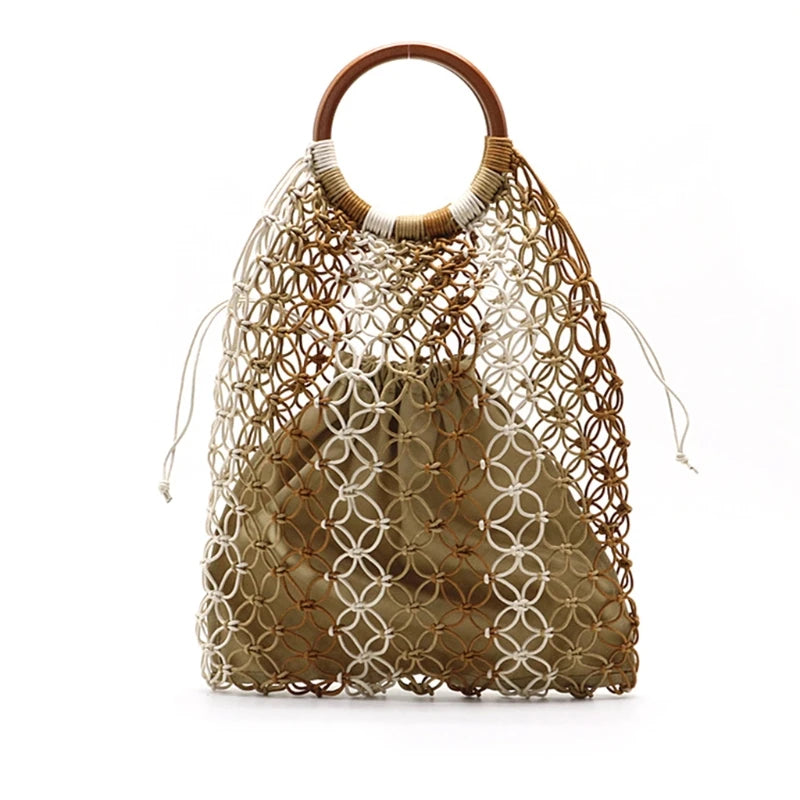 Straw Handbag with Wooden Handle Hollow Out Contrast Striped Net Tote Bag