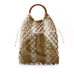 Straw Handbag with Wooden Handle Hollow Out Contrast Striped Net Tote Bag