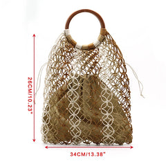 Straw Handbag with Wooden Handle Hollow Out Contrast Striped Net Tote Bag