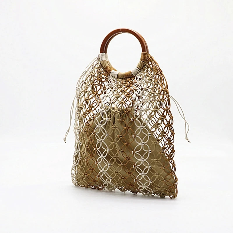 Straw Handbag with Wooden Handle Hollow Out Contrast Striped Net Tote Bag