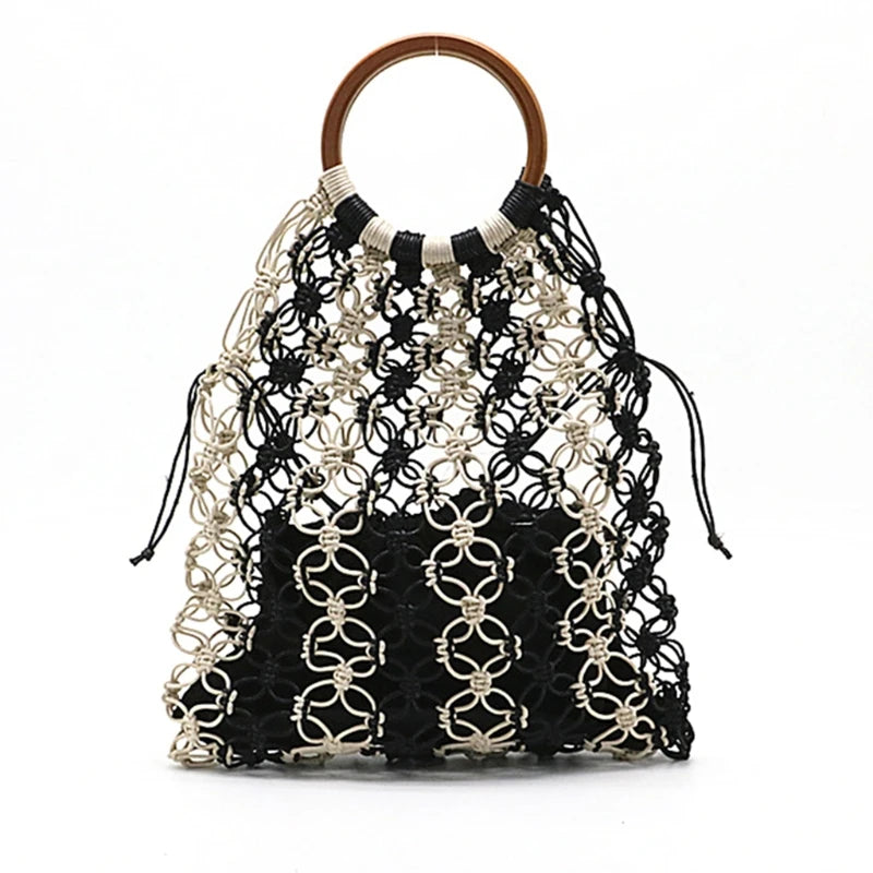 Straw Handbag with Wooden Handle Hollow Out Contrast Striped Net Tote Bag
