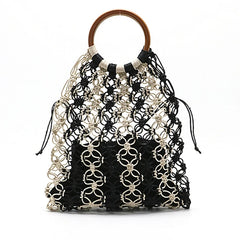 Straw Handbag with Wooden Handle Hollow Out Contrast Striped Net Tote Bag